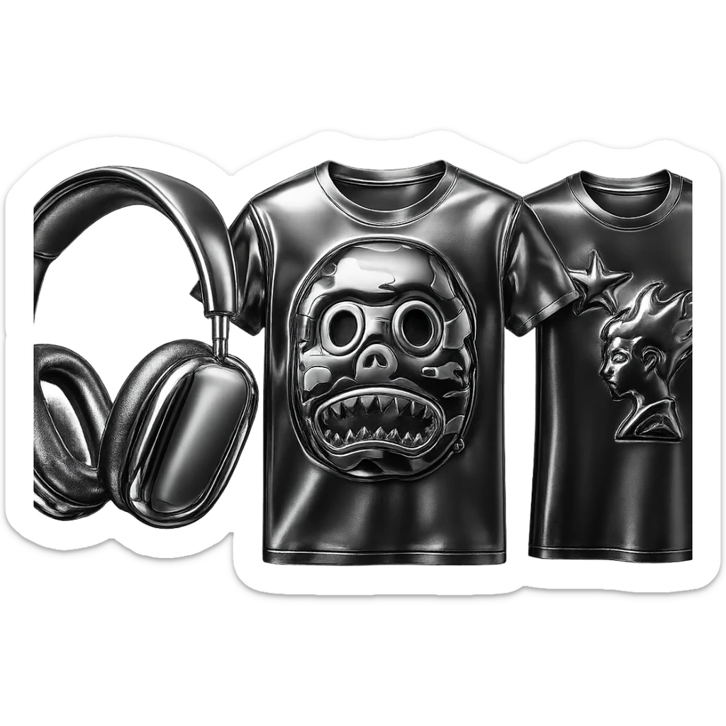 Transform the headphones, camo face t-shirt, and flame t-shirt into a highly reflective and shiny 3D chrome metallic style, keeping all preset colors and details intact, with no background. sticker