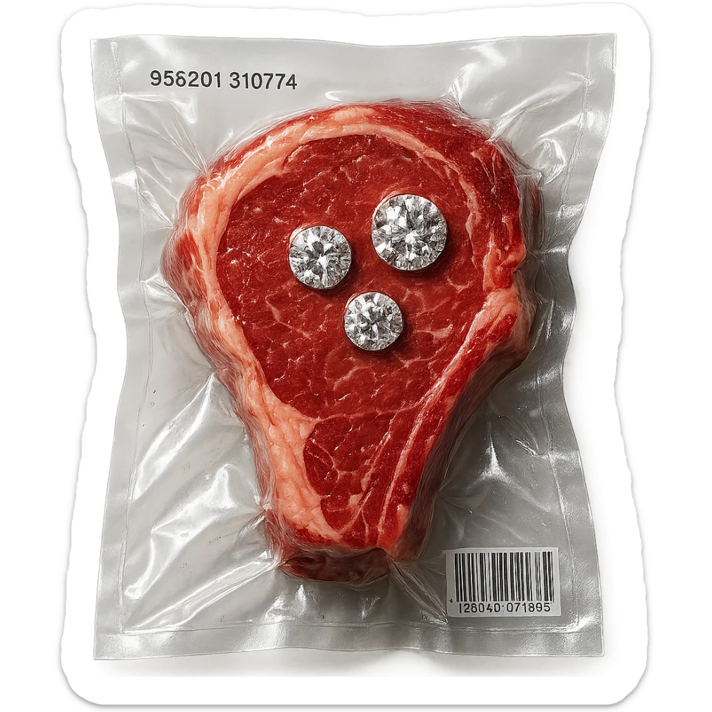 juicy steak with diamonds on top, shiny and inflated, vacuum-sealed style sticker