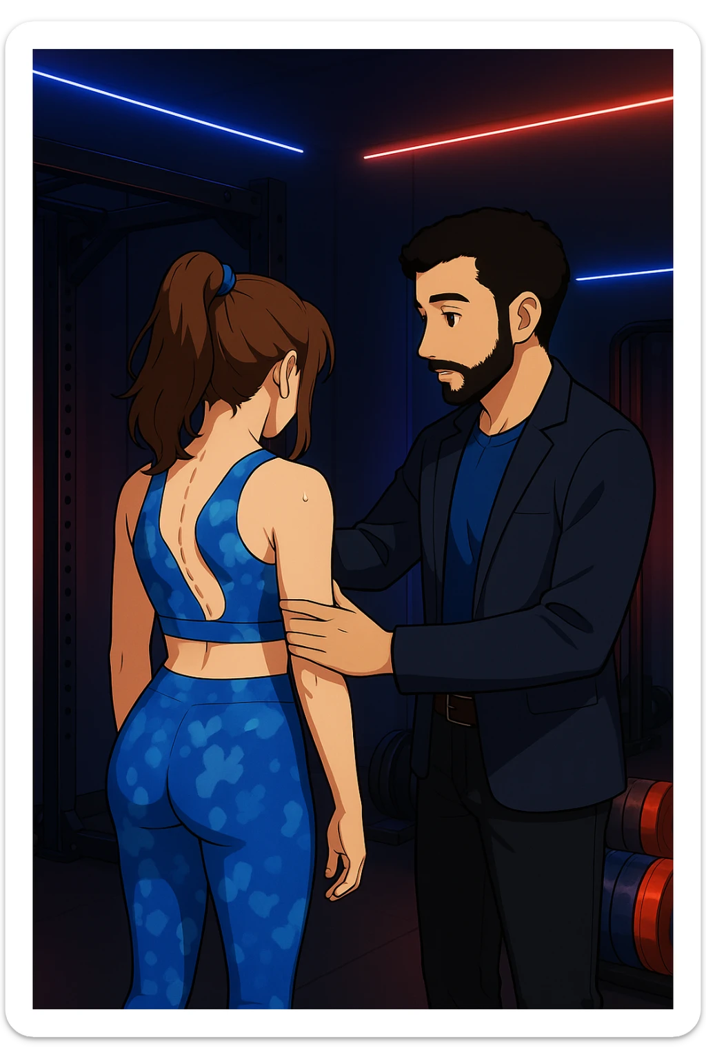 ispirati a questo stile di disegno e fai questa immagine in versione manga/webtoon a colori, il manga mostra la donna di spalle, mentre l'uomo le tocca la spina dorsale per spiegarle come funziona la scoliosi:
Con una scoliosi il baricentro corporeo cade maggiormente da un lato; per non cadere la schiena compensa accumulando tensione sul fianco opposto.
Il risultato? Si inclina e ruota sempre più, fino a che non cede (discopatie, artrosi, ecc) sticker