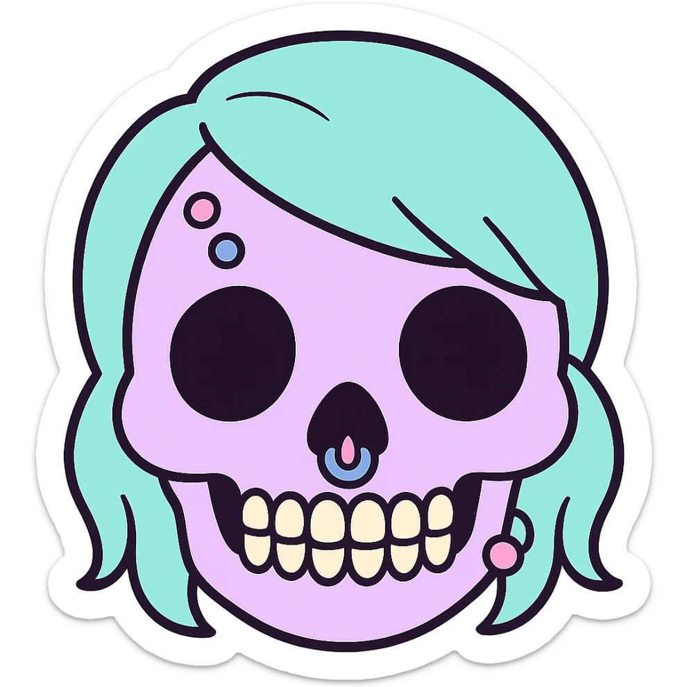 Add pastel-colored piercings to the pastel goth skull emoji, keep the style and pastel palette, with no background. sticker