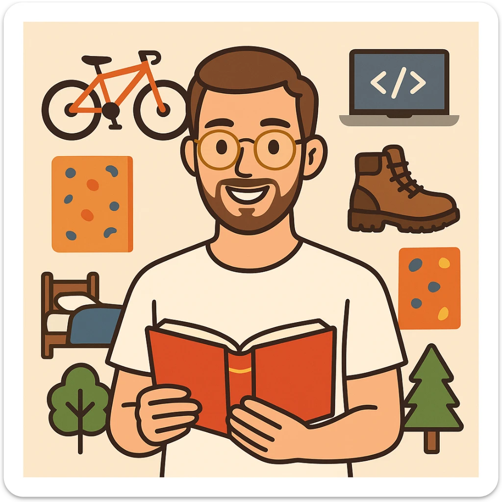 flat-toon style young man with light skin, short brown hair, neatly trimmed beard, round gold-rimmed glasses, smiling, plain white t-shirt, holding open red book at chest level, surrounded by hobby icons: orange mountain bike, gray laptop with code, brown hiking boot, climbing wall, bed with blue blanket and moon-and-stars, green tree sticker