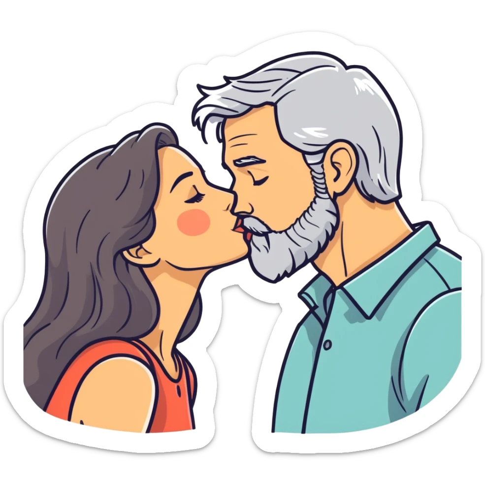 Grey haired bearded man and pretty brunette woman kissing  sticker