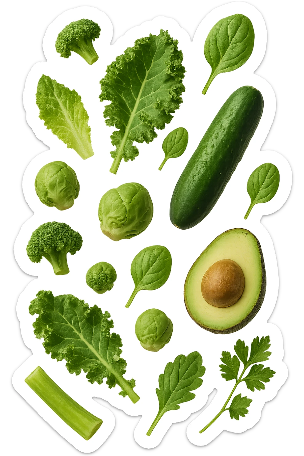 varie verdure verdi fluttuano in aria e cadono verticalmente, IPERREALISTICA 4K sticker