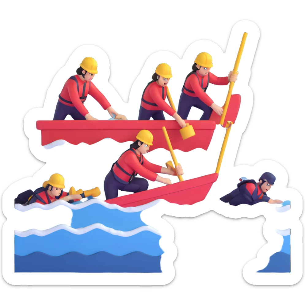 Team of marine geologists struggling to retrieve core samples in rough stormy ocean waves sticker