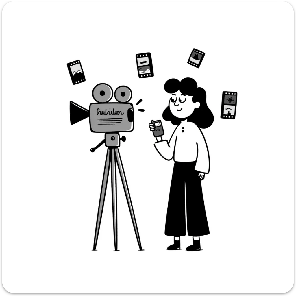 Hand-drawn film strips and an old school film camera with a photographer sticker