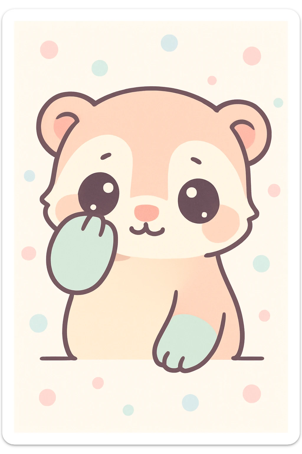 kawaii cartoon baby ferret, peeking out from behind a paw, shy expression, soft pastel colors, simple background sticker