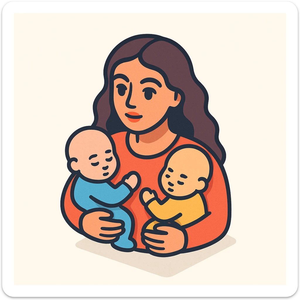 A woman with long wavy hair, large expressive eyes and lips, holding two babies close to her chest, with soft shadows and highlights, in 2D isometric illustration style, inspired by the reference image. sticker