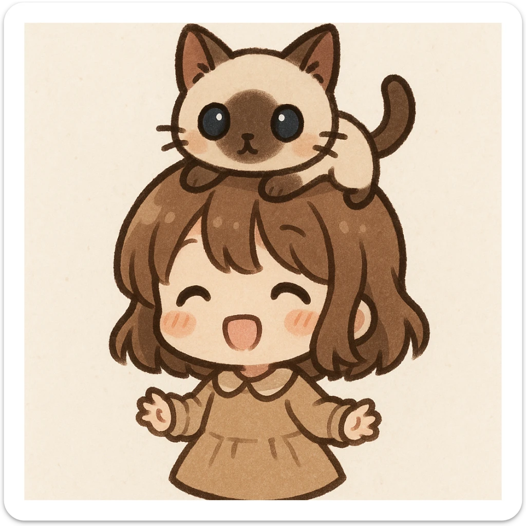 a cute girl with a siamese cat perched on her head, chibi style, adorable and small proportions sticker