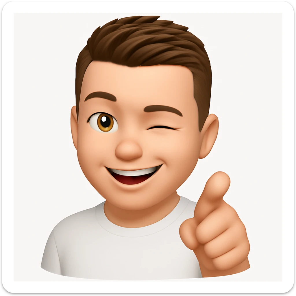 Based on these photos, make an emoji with facial features preserved, a man in a white T-shirt, winking, pointing forward sticker