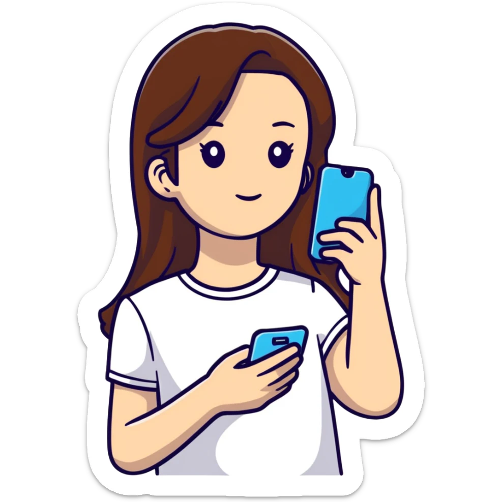 girl with long brown hair wearing a white top holding a smartphone sticker