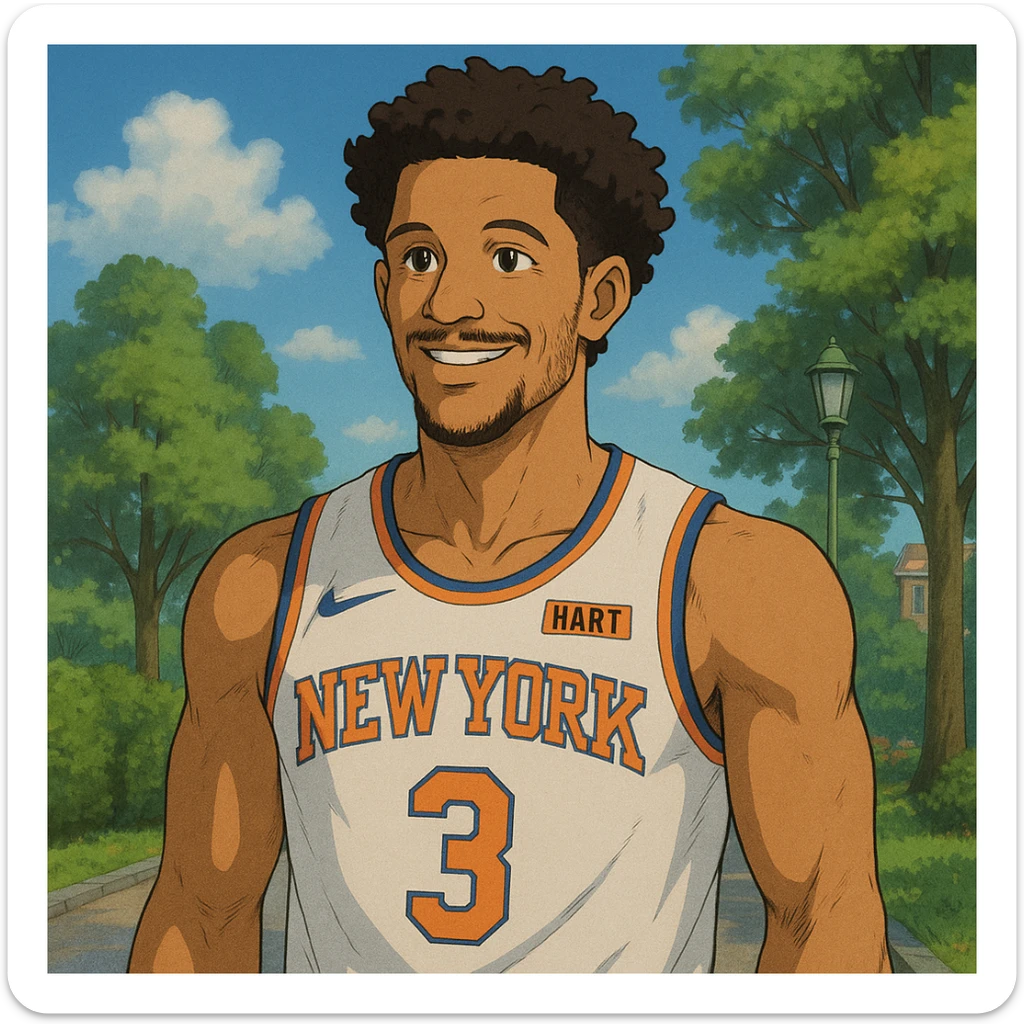 Josh Hart basketball player wearing a New York Knicks jersey, friendly expression, detailed background, Ghibli style sticker