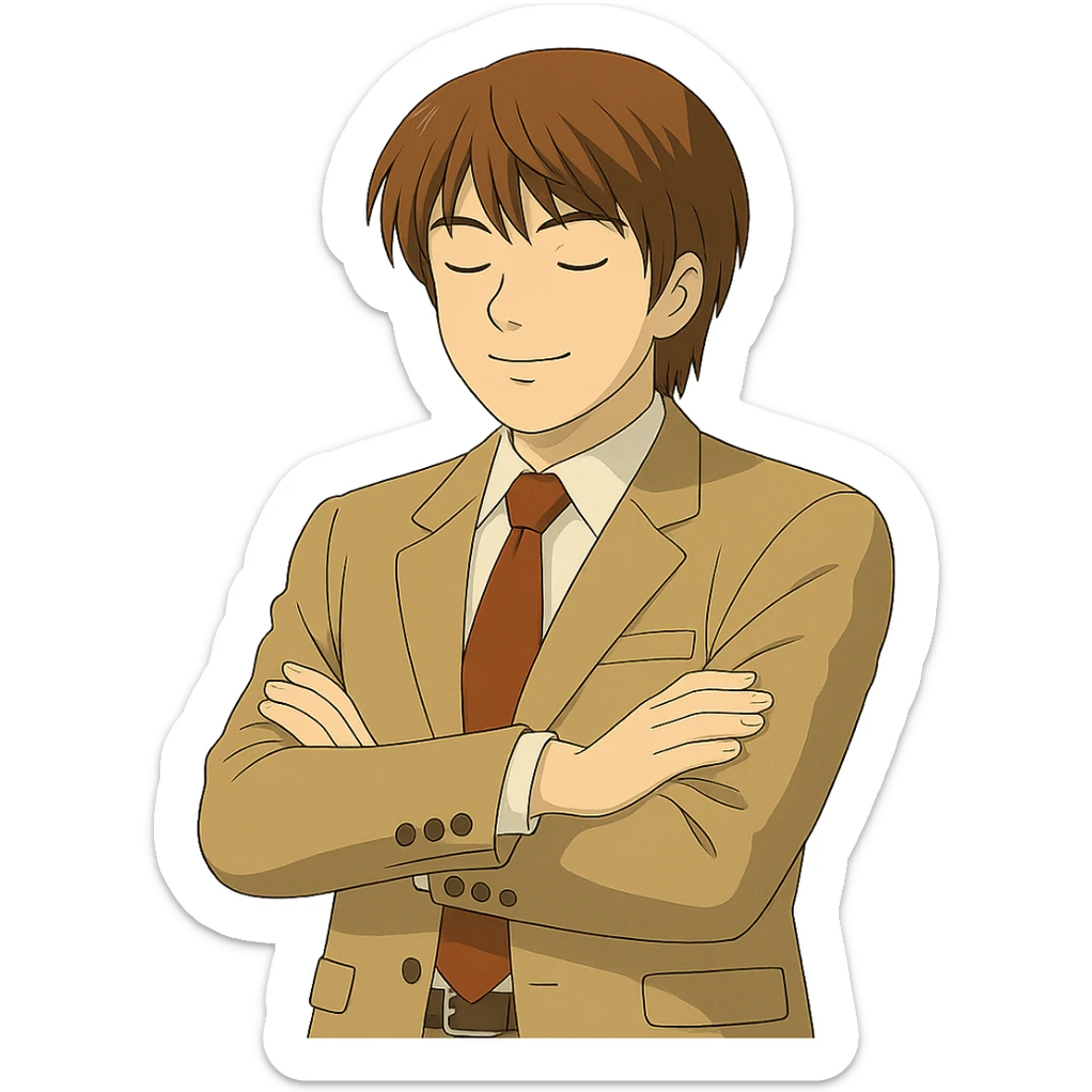 Create an exact Light Yagami in Ghibli style, standing with arms crossed and eyes closed, wearing the same suit, same pose, and same confident expression. Match the face, hair, and suit details exactly to the reference image. Transparent background. sticker