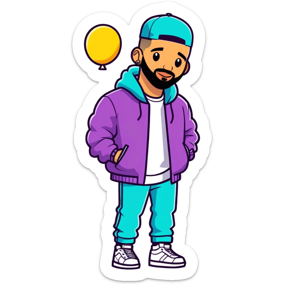 Toronto celebrity, musician, rapper drake 2025 illustration, sticker design. must be ultra hyperrealistic, mirco-detailed, flat layout. Colorful, happy features. Full view. Life-like.
 Must be 8k hd, 8000x8000px resolution. Must use very thin transparent smooth lines, around the illustration  sticker