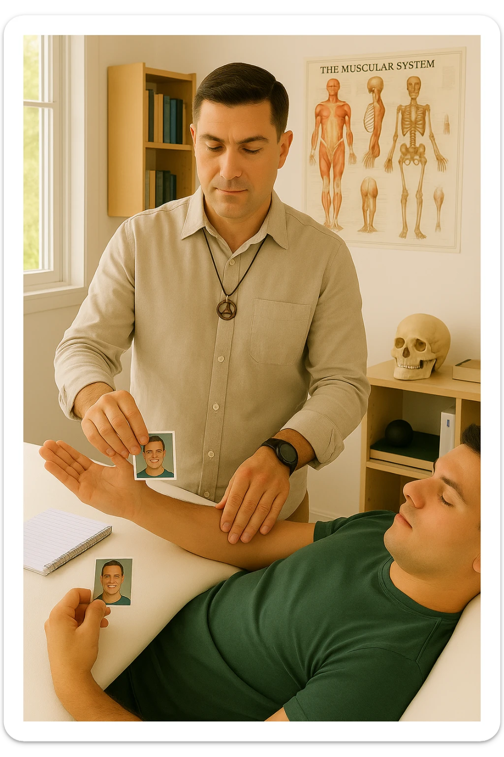 a middle-aged man, dressed in casual professional attire, is in a bright, organized therapy studio. Durante una visita di kinesiologia, il ragazzo tiene con una mano la foto di una persona lontana (il “testimone”) tiene la foto in mano, mentre con l’altra mano esegue un test muscolare su un cliente presente senza foto lui non tiene la foto. Sullo sfondo si vedono libri di kinesiologia, poster anatomici e strumenti tipici della disciplina. L’atmosfera è concentrata e serena, con luce naturale che entra dalla finestra, sottolineando l’aspetto alternativo e umano della pratica. sticker
