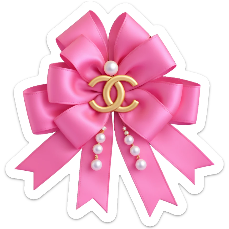 Change the double-layered satin ribbon bow to pink, keep pearls and gold Chanel logo, elegant, glossy, black and white, 3D emoji style, with no background sticker