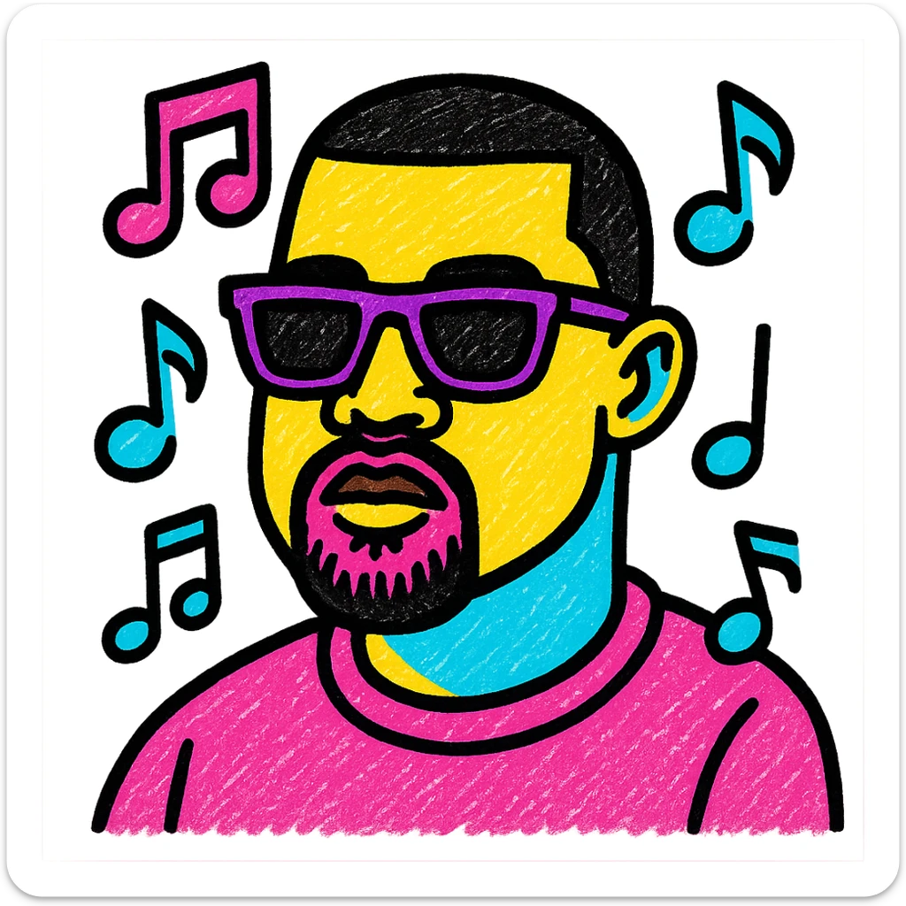 pop art style portrait of Kanye West, bold colors, music theme sticker
