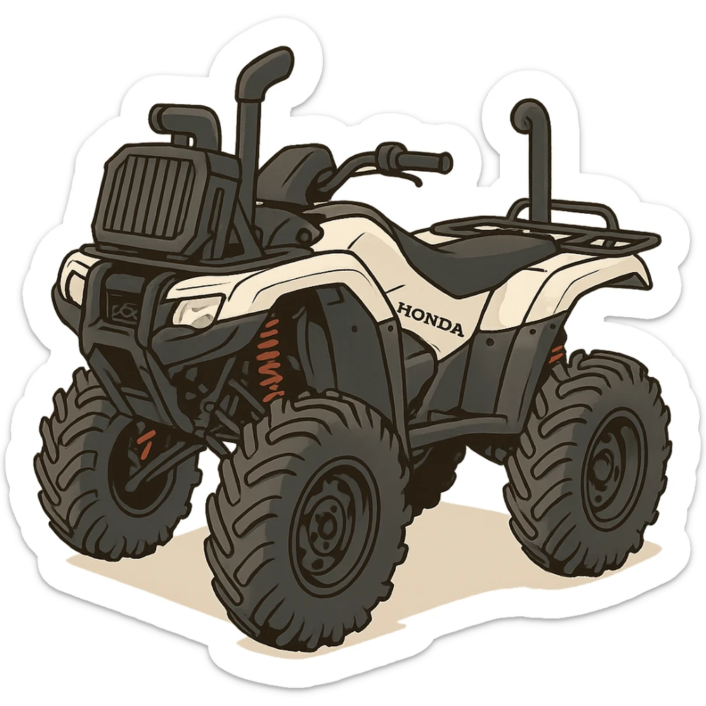 Honda 4 wheeler with white plastics, radiator relocate kit, tall snorkel, lifted, big tires, cartoon style sticker