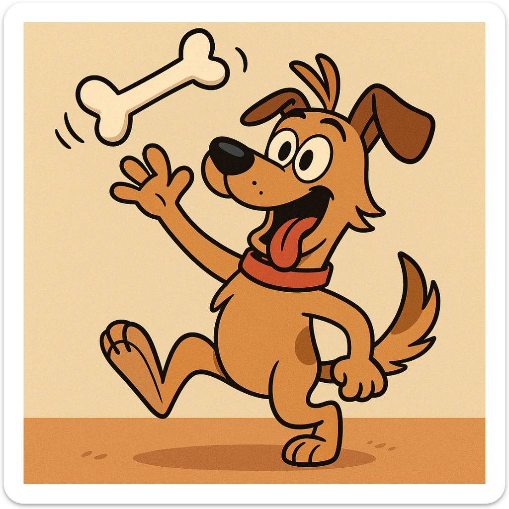 a cartoon dog tossing a bone, playful style, energetic and fun, vibrant colors sticker