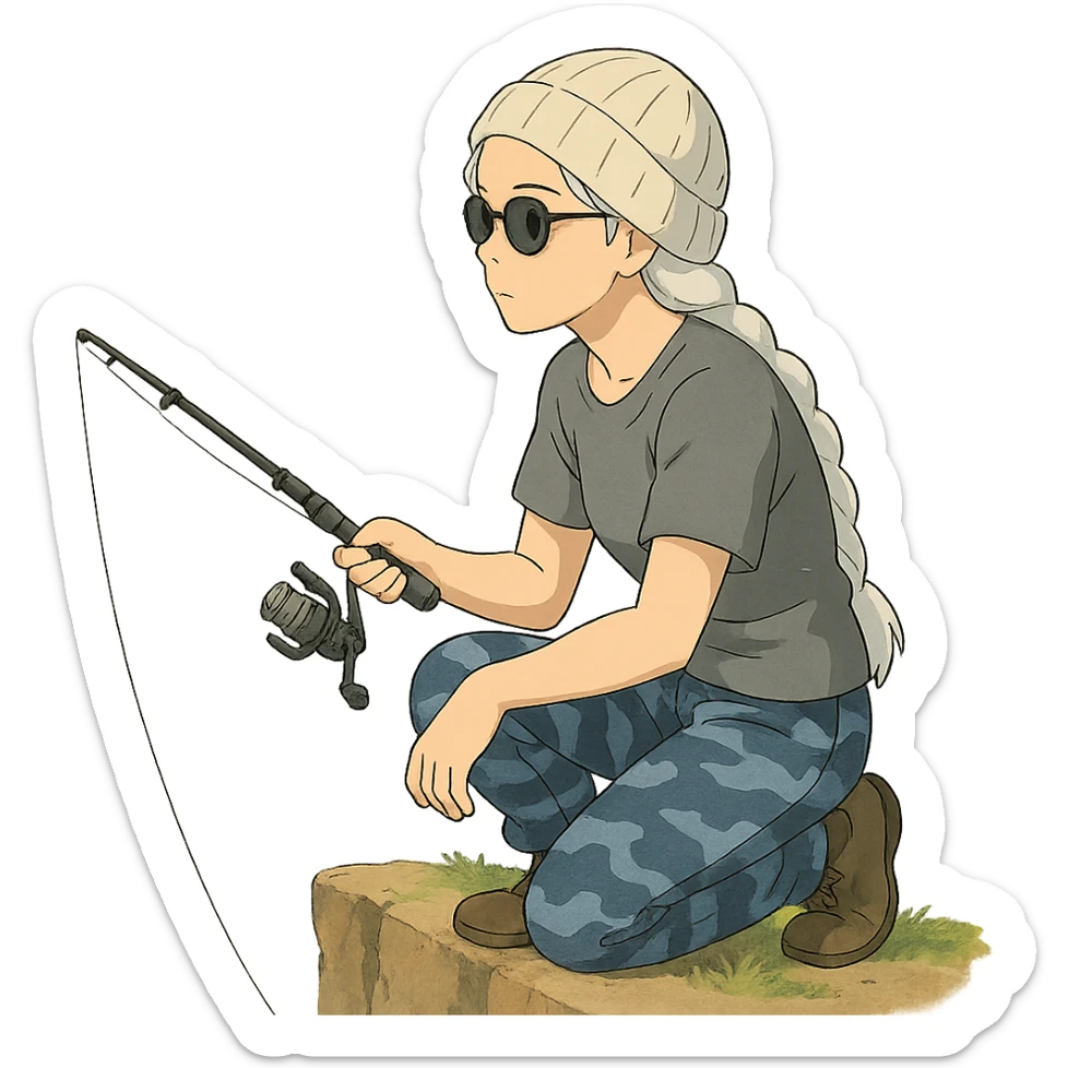 1 female, long white braid, knit cap, dark sunglasses, GRAY T-SHIRT, blue camo pants, KNEELING AND FISHING WITH A TRAVEL FISHING POLE OVER THE LEDGE sticker