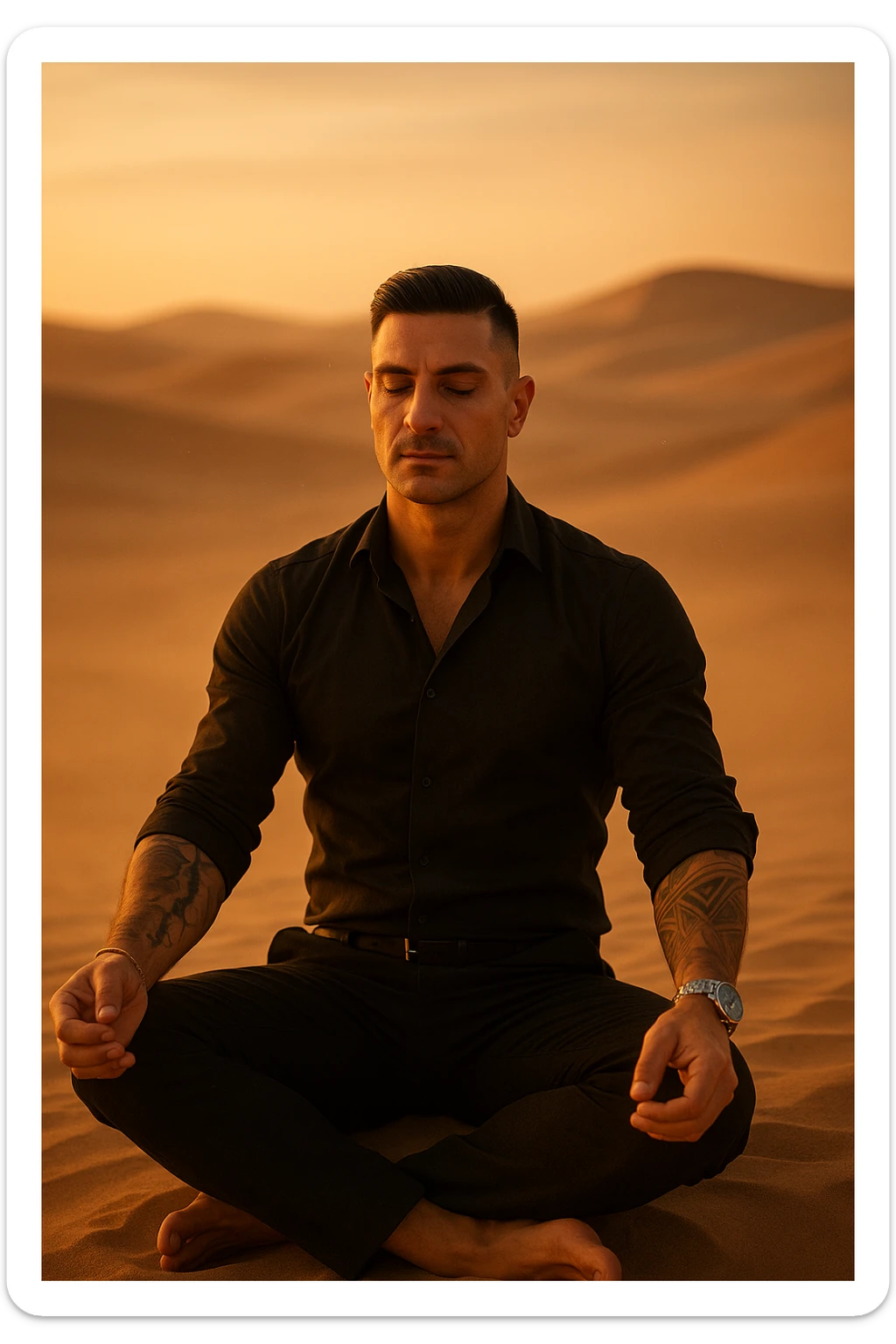 Man meditating alone in the desert at golden hour, sitting in a calm but grounded posture, radiating calm and powerful masculine energy. Minimalist surroundings, soft wind, dust in the air. Peaceful expression, symbolic of self-mastery and inner strength. Cinematic style. sticker