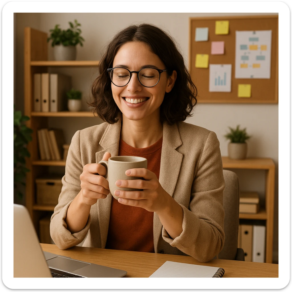 a relaxed and happy female project manager holding a coffee cup in a cozy office setting sticker
