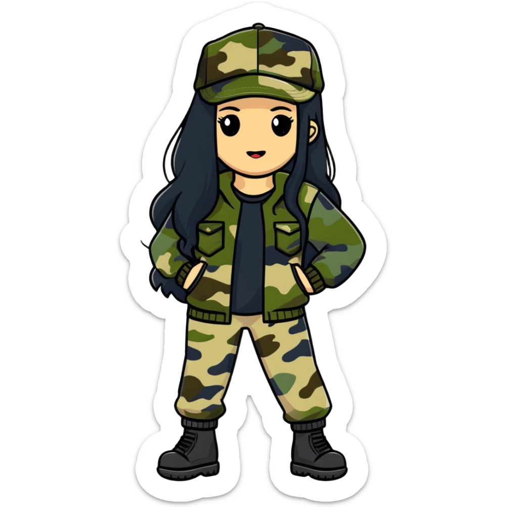 woman with long black hair in camouflage outfit wearing IC daddy cap sticker
