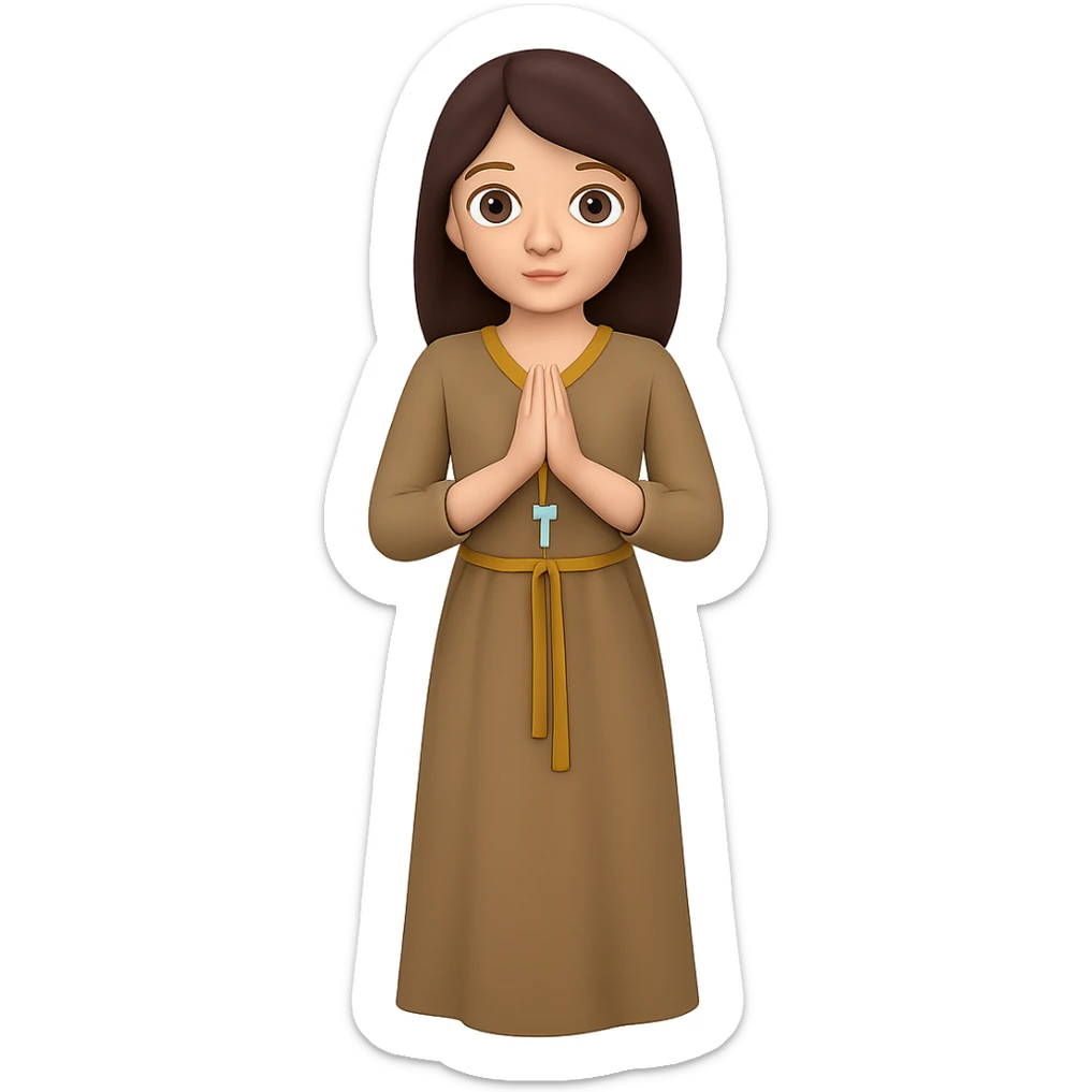 Show the woman standing and praying from the front view, wearing a long tan dress, with dark brown hair, in emoji style. Remove the background. sticker
