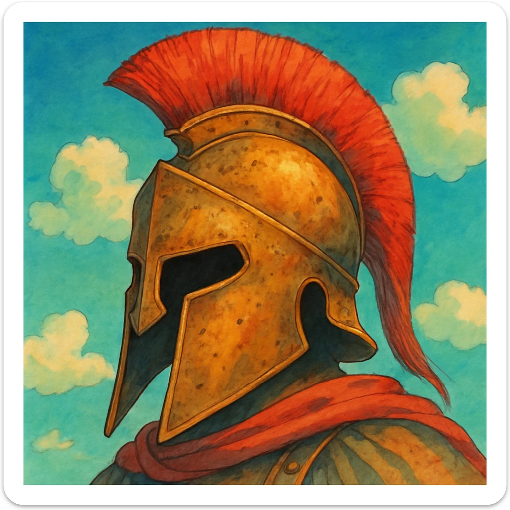 Spartan warrior helmet, ghibli style, detailed, artistic, vibrant colors sticker