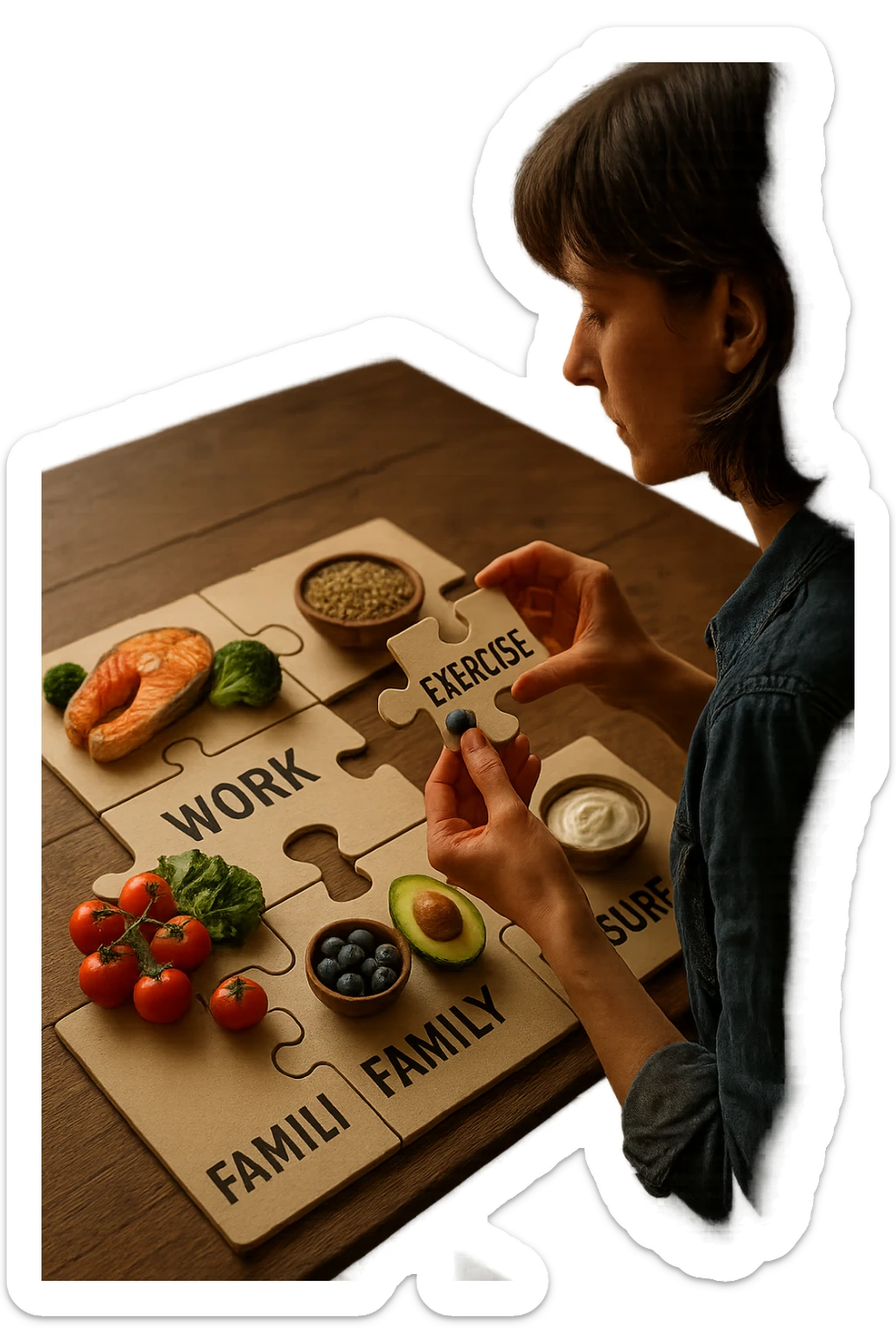 realistica cinematic photo a person is surrounded by puzzle pieces, each representing a different aspect of their life (work, exercise, family, leisure), and healthy foods are integrated into each piece. The person assembles the puzzle, creating a complete, personalized nutrition plan. The mood is uplifting and creative. in italiano sticker