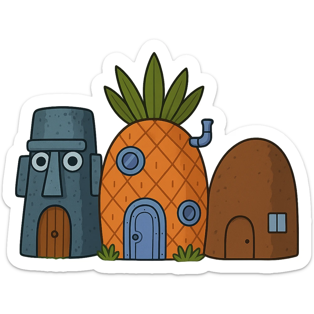 Make all three houses more detailed, keep only the houses, no characters, with a transparent background, cartoon style in flat toon style. sticker