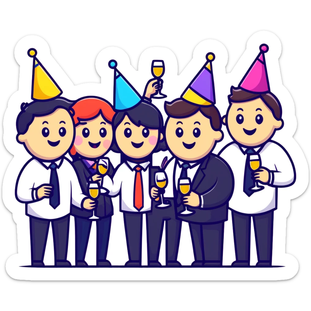 group of happy office workers celebrating with party hats, confetti and wine glasses sticker