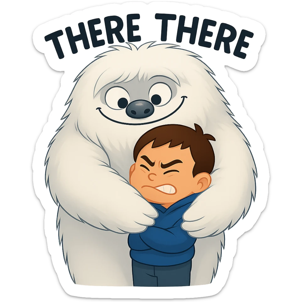 Add the words 'there there' going through the head of the Abominable Snowman as he hugs the much smaller kid, keep the background transparent. The style should resemble the original image's look and feel. sticker