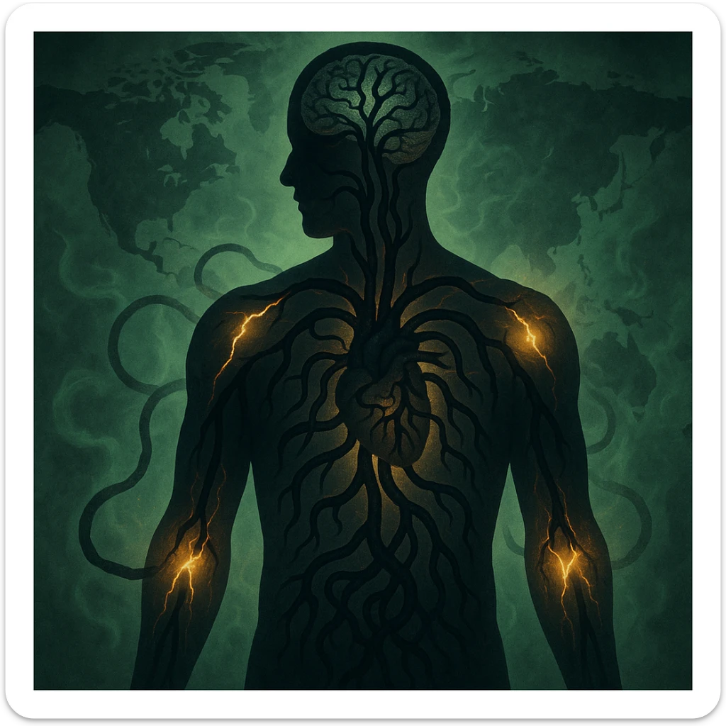 semi-realistic, medical-fantasy style; human silhouette with dark worm-like tendrils spreading from gut and heart to brain and joints, world map in background, glowing fissures and green mist, high contrast, allegorical mood sticker