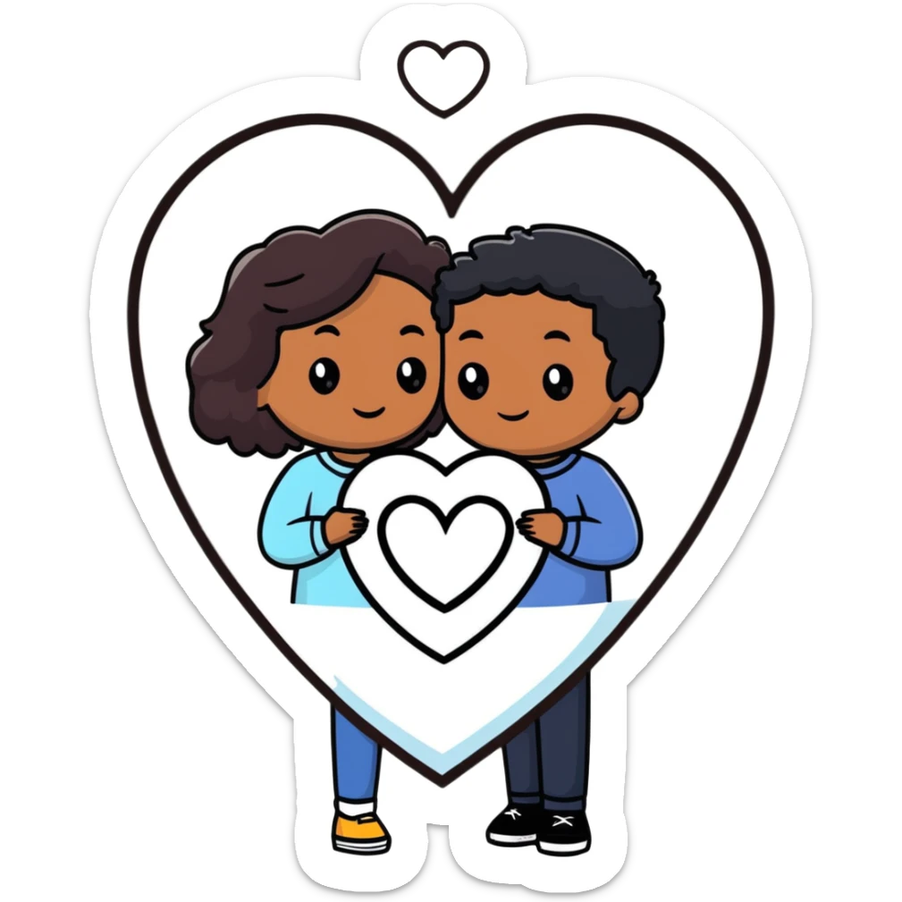 A couple with dark brown hair and mixed skin tone inside a white heart sticker