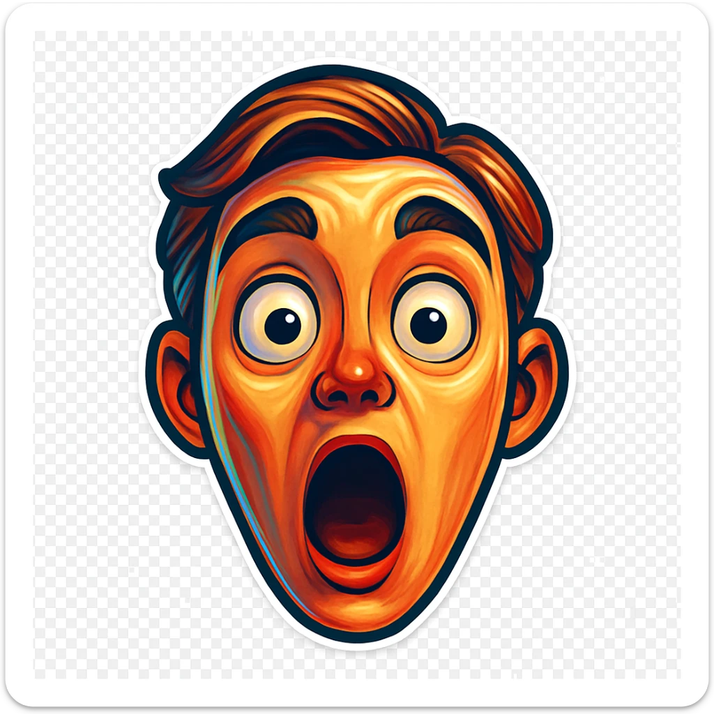 Create a cartoon sticker with a surprised expression in the style of Flux Pro, with a transparent background. The style should reflect the vibrant and detailed characteristics of Flux Pro style. sticker