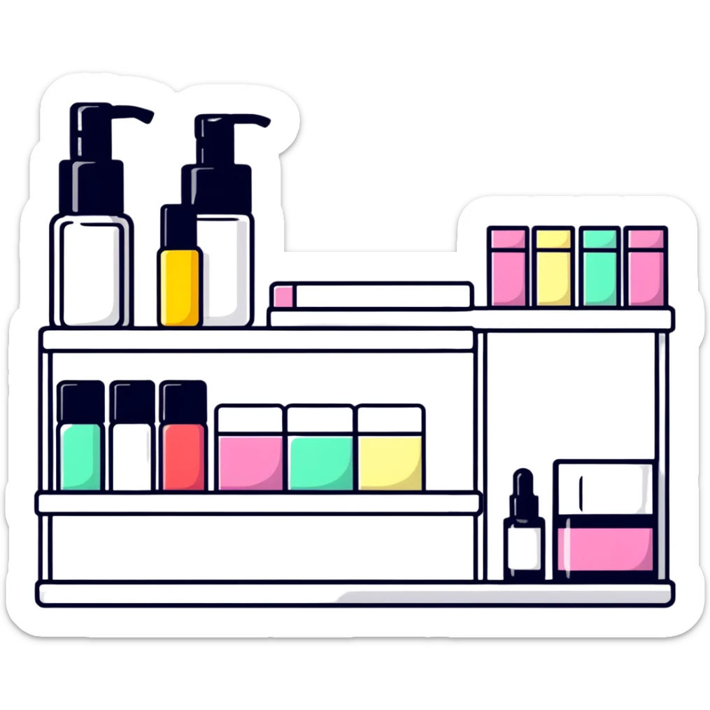 big long white shelf with one serum bottle labeled beauty brand and large sticky note next to it sticker