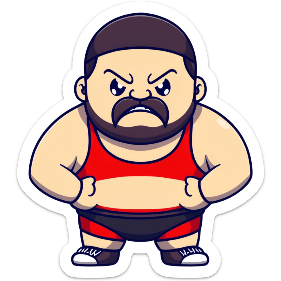 Close-up of extremely fat white skin guy with young face, beard and mustache, no muscle with prominent black durag, black eyes in a red and black wrestling singlet with angry face sticker