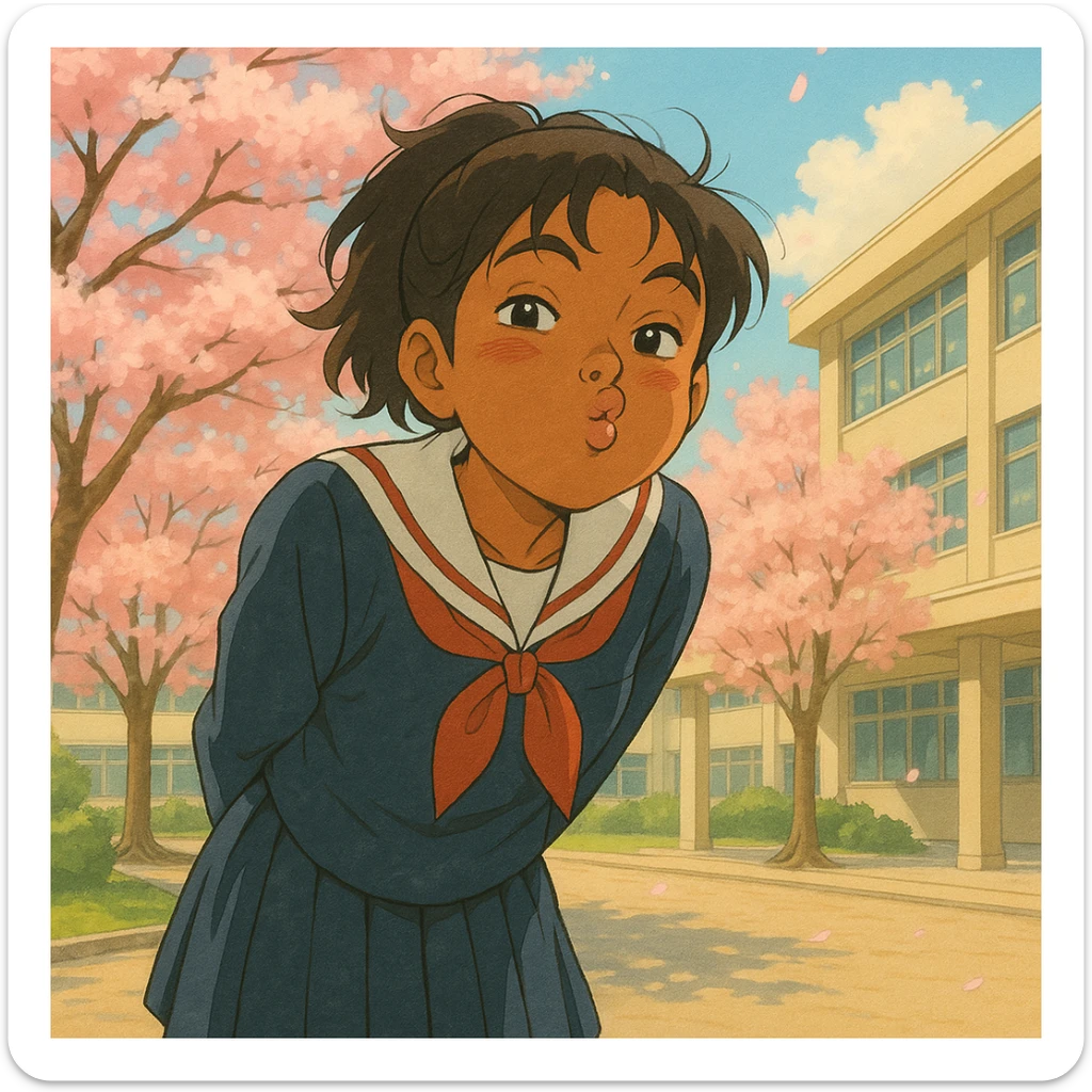 Japanese brown-skinned high school girl in a Tokyo high school setting, leaning forward with a mischievous smile and puckered lips, school uniform, cherry blossoms in the background, anime-inspired sticker