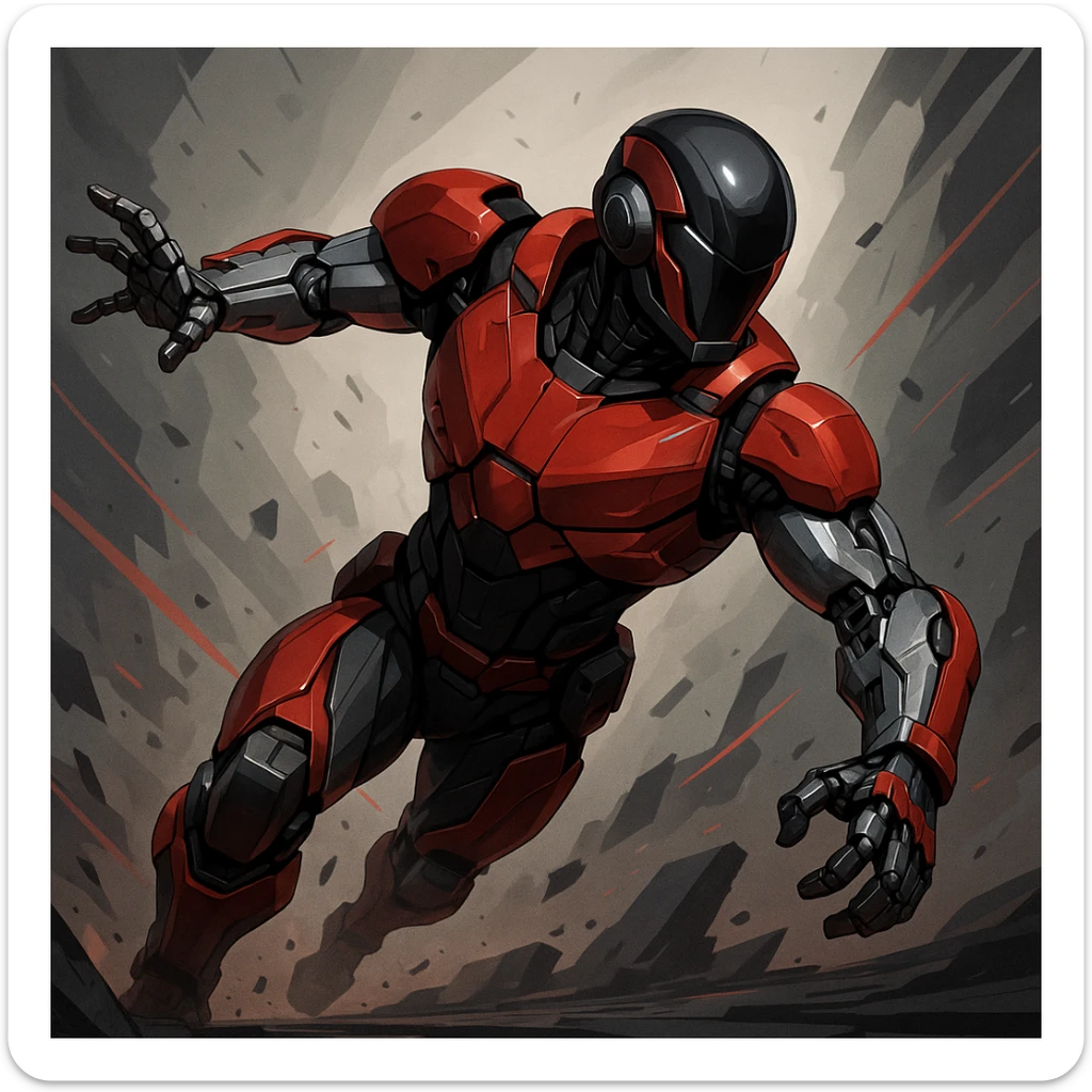 Scarlet Duke from the future, robotic arm, sleek helmet, red and black armor, dynamic action pose sticker