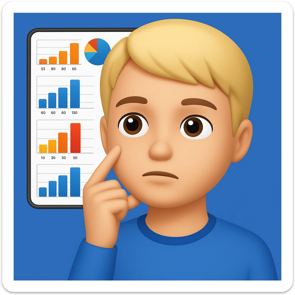 Edit the image of a person thinking with graphs in the background in the style of apple emojis. Create variations with a blue background, yellow background, green background, and pink background. The style should reflect the apple emoji style with no text, concise and clean. sticker