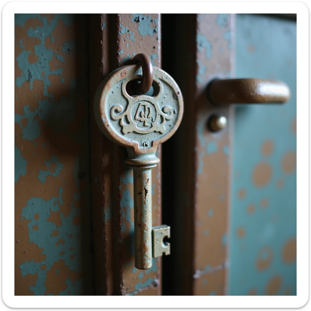 90s grunge style key, worn metal, vintage details, retro atmosphere, isolated white background, hyperrealistic, 4K sticker