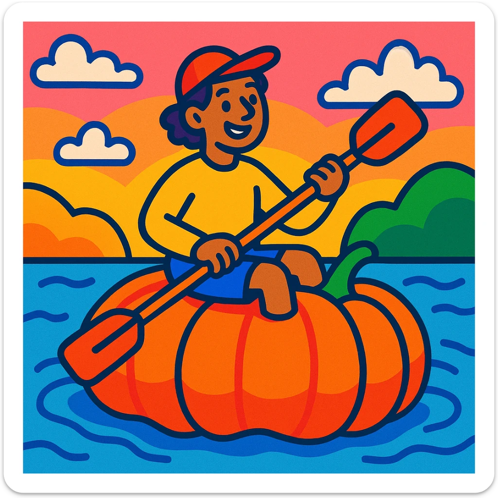 a person kayaking on a giant pumpkin, playful and whimsical, vibrant toon style, colorful and fun sticker