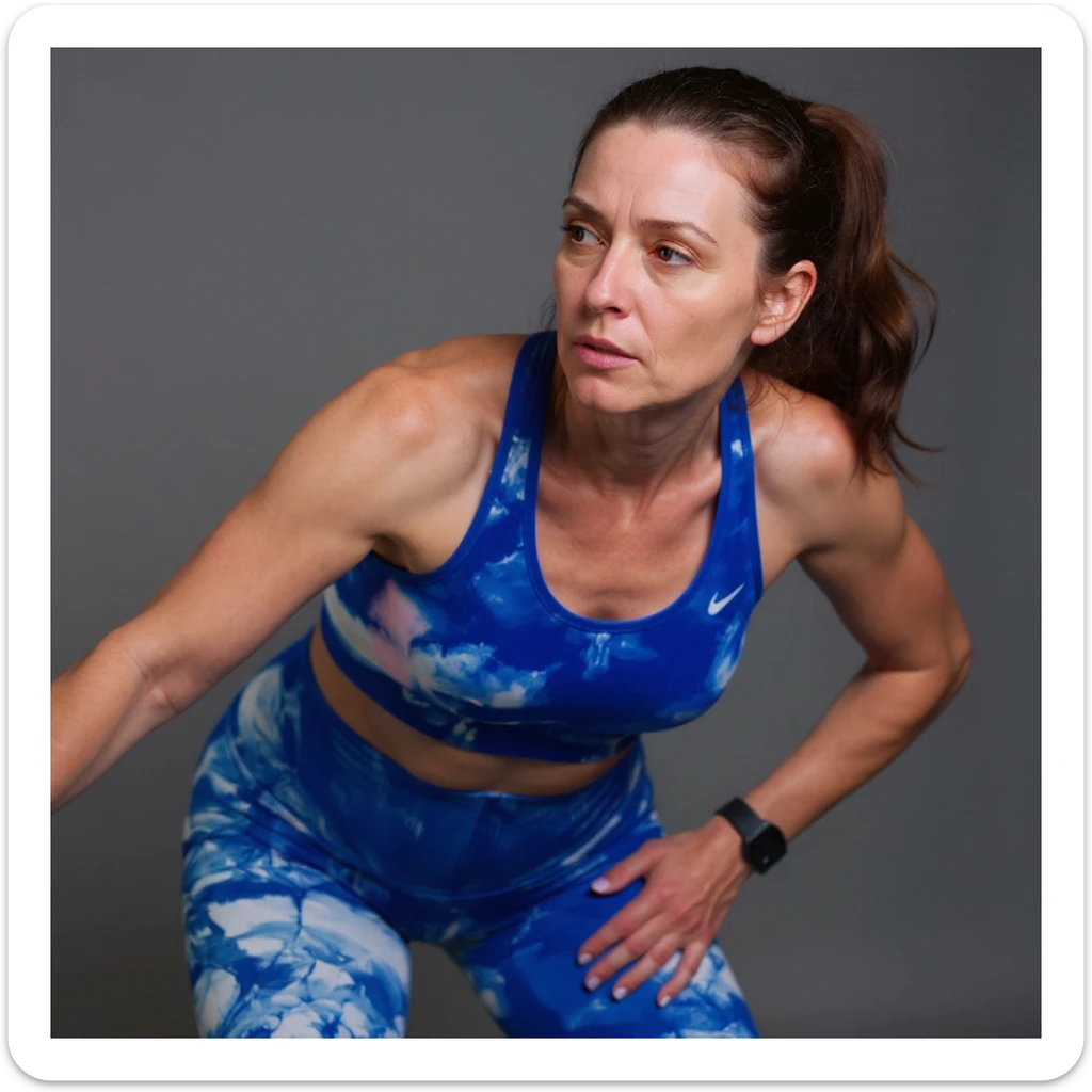 Realistic style image of a woman in sportswear inspired by the reference photo, slightly bent forward holding the right hip due to pain, neutral background. sticker