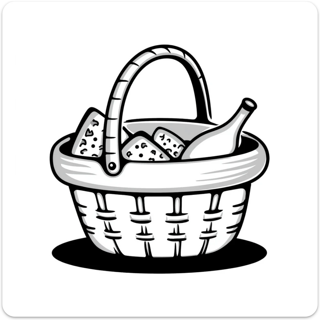 A wicker picnic basket with handle and some picnic items peeking out in pastel colors (dd9fb0, ffc6d3, a3bfc9, c4bee2, f1b091), hand-drawn doodle style sticker