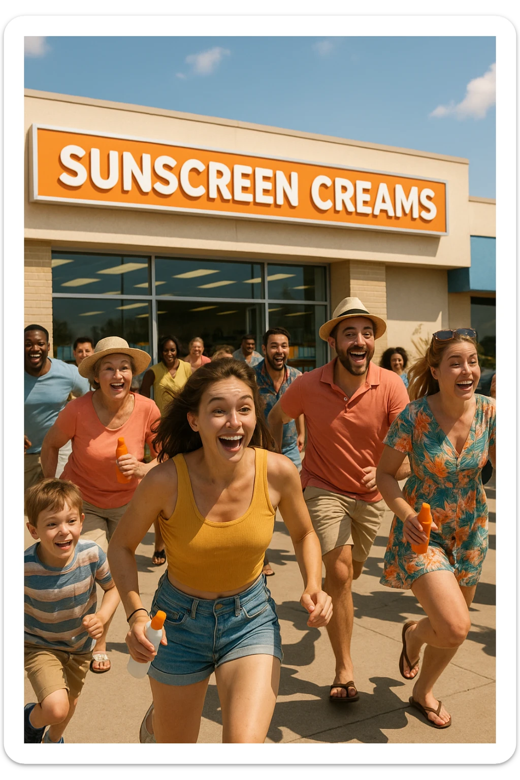 tante persone che corrono a comprare le creme solari in italiano realistiche sticker