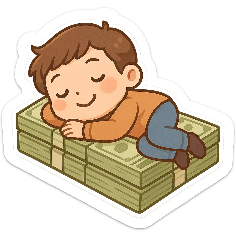 happy person napping on mattress of money sticker
