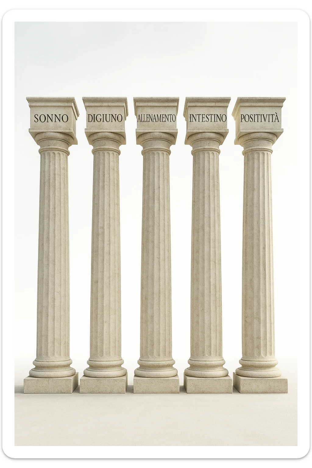 5 pilastri con le scritte "SONNO", "DIGIUNO", "ALLENAMENTO", "INTESTINO", "POSITIVITà" IMMAGINE IPERREALISTICA SFONDO CHIARO IN ITALIANO sticker