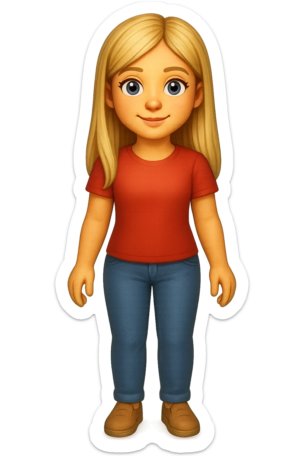 Сгенерируй мне в стиле детализированного емодзи девушку русской внешности, блондинку. В ПОЛНЫЙ РОСТ ОНИ И НЕ КАСАЮТСЯ КРАЕВ ИЗОБРАЖЕНИЯ sticker