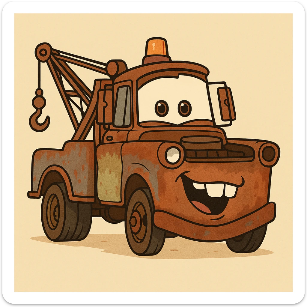 friendly rusty tow truck, cartoon style, Mater from Cars sticker