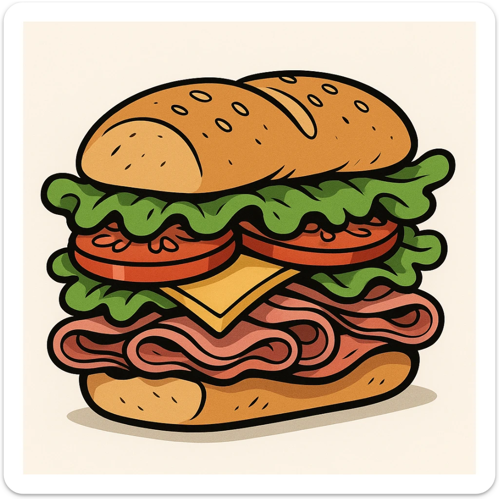 cartoon-style submarine sandwich with exaggerated layers of lettuce, tomato, cheese, deli meats, playful and bold, isolated on white background sticker